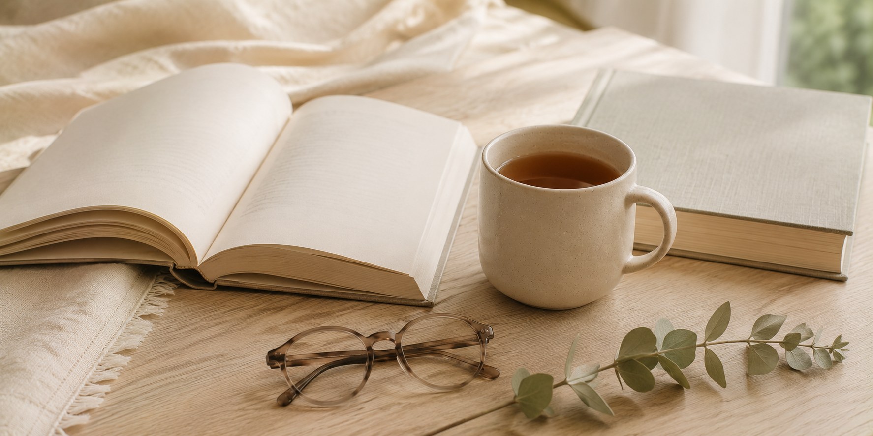 A pale oak round table with an open book, a closed book, a slim ceramic vessel with a sage stem, a bowl of green pears, and a glass of water